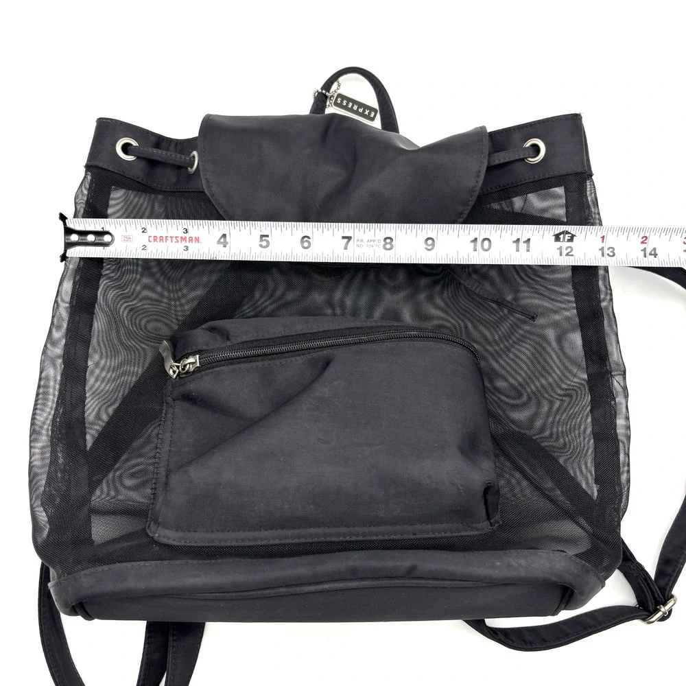 Vintage 00s Y2K EXPRESS Black Nylon See-through Mesh Drawstring Backpack 13x11